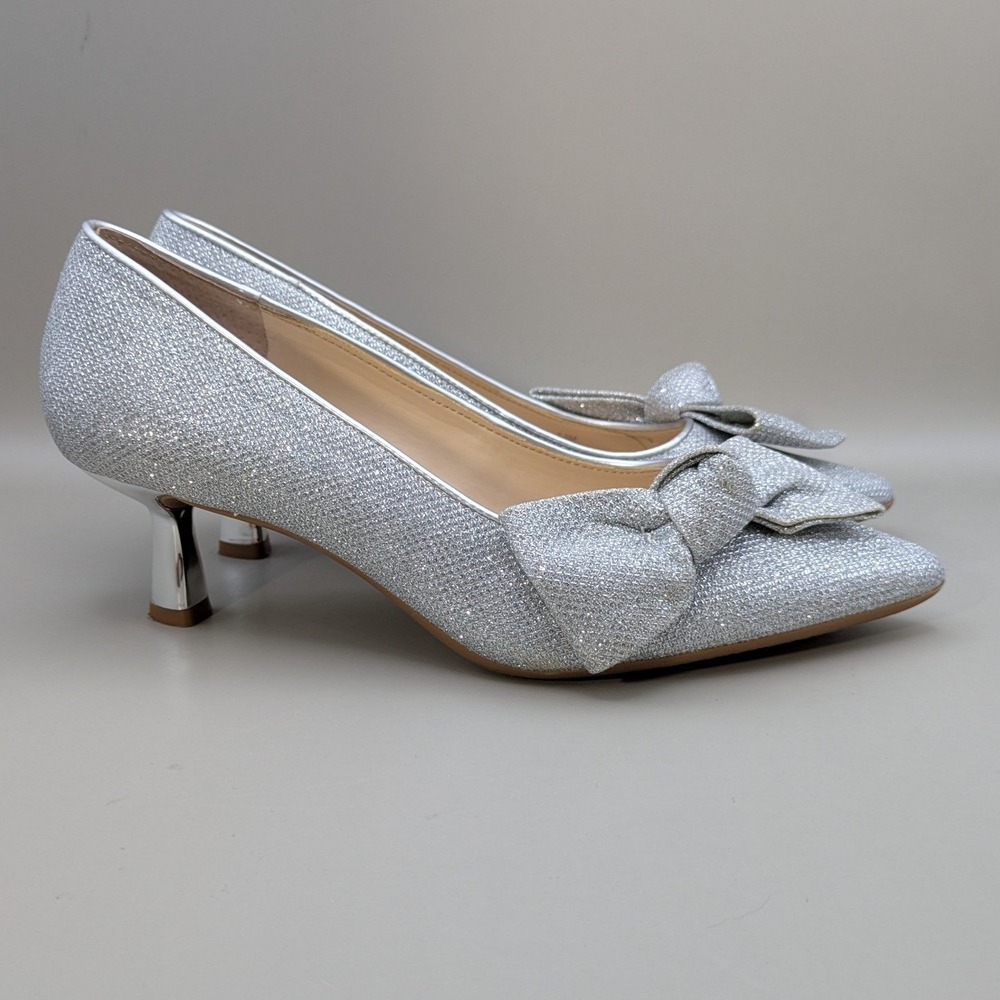 Alex Marie Silver Glitter Bow Pointed Toe Kitten Heel Pumps Womens Size 7.5M - Picture 3 of 10